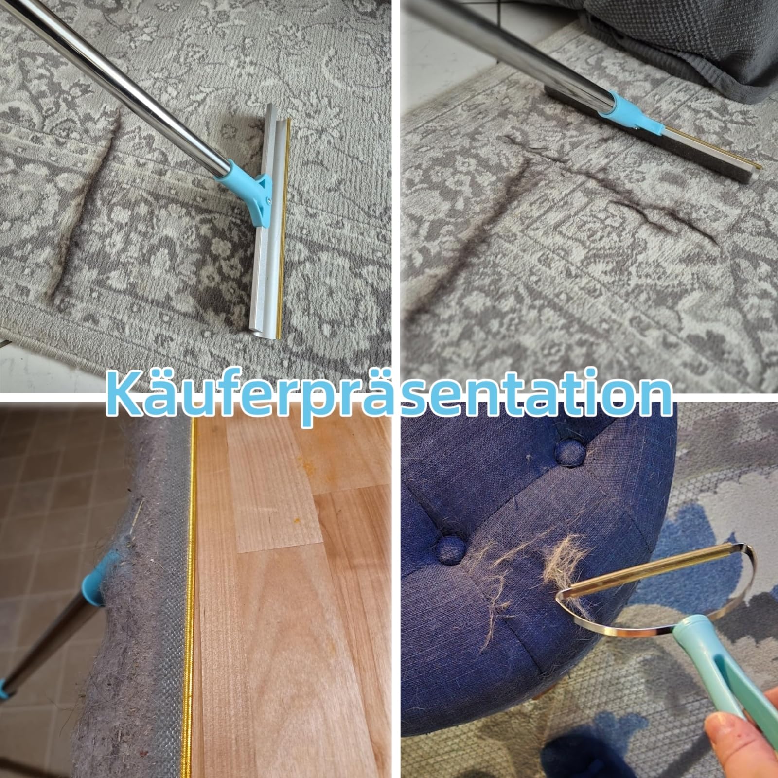 Tierhaarentferner, 2-in-1-Haarentferner, Teppichbürste mit 137 cm Verstellbarem Griff zum Entfernen von Tierhaare aus Autos, Teppichen, Fußböden, Sofas und Kleidung (Blau)