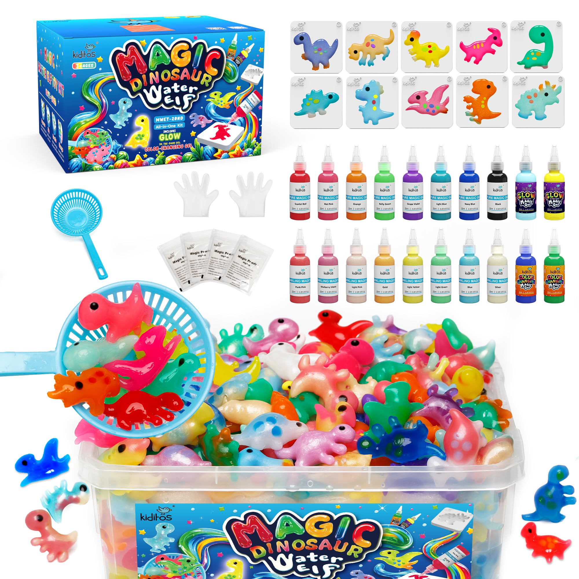 Dinosaur Magic Water Elf Toy Kit–Squishies for Kids, 20 Gels & 10 Molds, Magic Gel Water Pets Sensory Toy, Fun DIY Craft Kit, Party Favors, Birthday for Kids Ages 3+