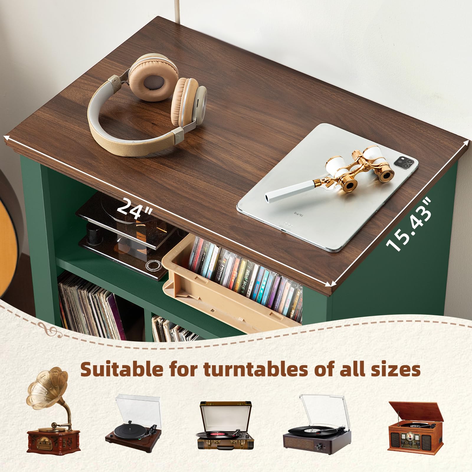LELELINKY Plattenspieler Ständer, Plattenspieler Regal Bietet Platz für bis zu 200 Alben, Großes Holz Plattenspieler Tisch, Schallplatten Regal für Wohnzimmer, Schlafzimmer, Büro, Grünes