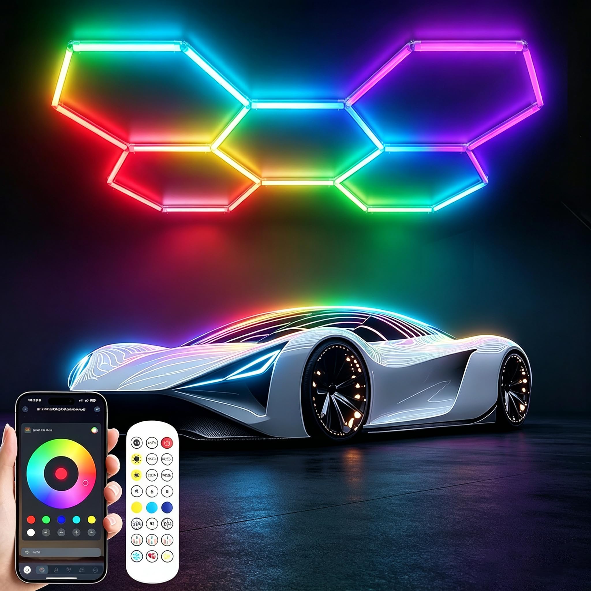 Luminaire LED hexagonal RGB pour garage | Plafonnier LED à 5 grilles pour garage, application connectée et télécommande, à monter soi-même