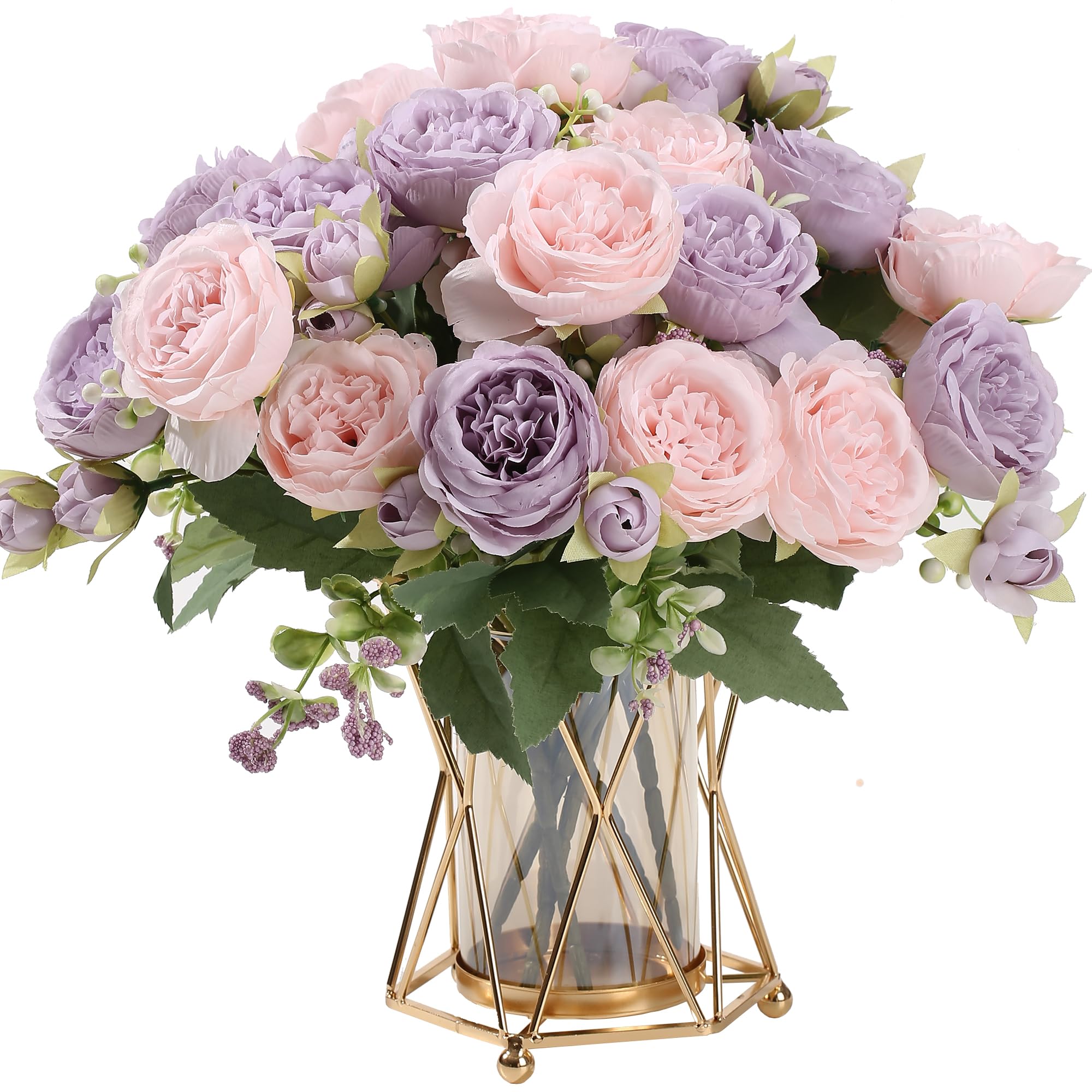 HNVNER 2 Bunches Fake Peonies Artificial Flowers, Silk Peony Bouquet for Home Wedding Party Decoration Pink-Purple
