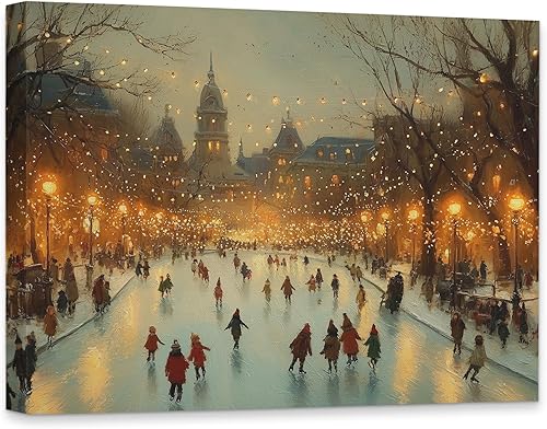 KSDUT Vintage Winter Skating Scene Canvas Wall Art Decor - Retro Snowy Country X