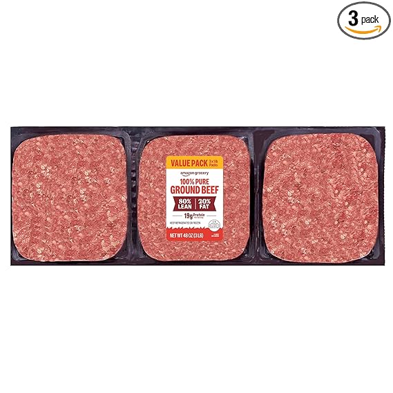 Amazon Grocery, Ground Beef, 80% Lean/20% Fat, 3 lb (Pack of 3)