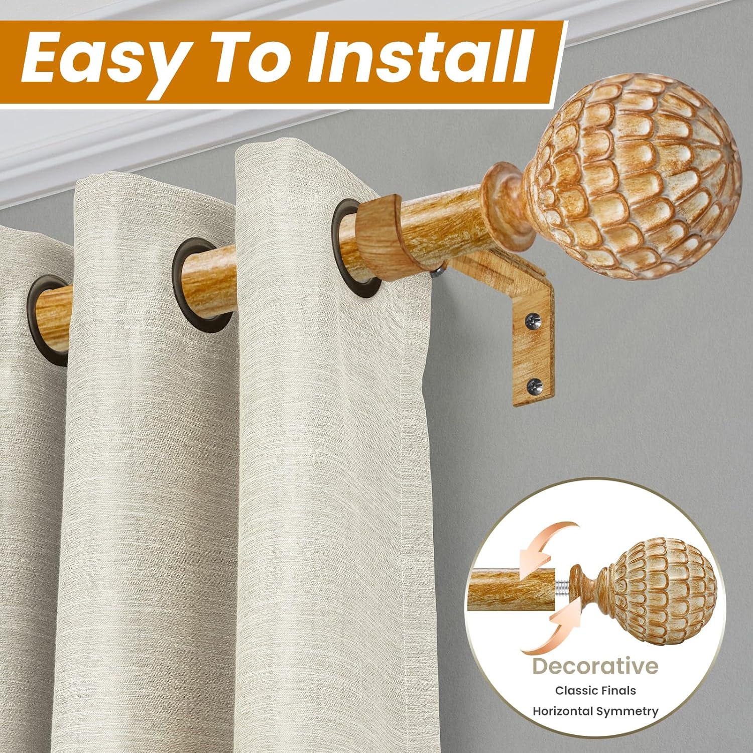 2 Pack Wood Boho Curtain Rod for Windows 48 to 84 inch, 1-inch Heavy-Duty Adjustable Curtain Rod with Decorative Pinecone finials for Farmhouse Living room, Bedroom, Dining room