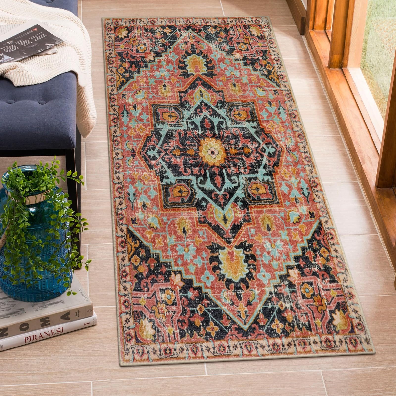 WonnitarBoho 2x4.3 Kitchen Rug Runner,Washable Soft Entryway Runenr Rug Non-Slip Vintage Laundry Room Carpet Runner,Retro Farmhouse Indoor Throw Mat for Bedroom Entry Bath,Fuchsia