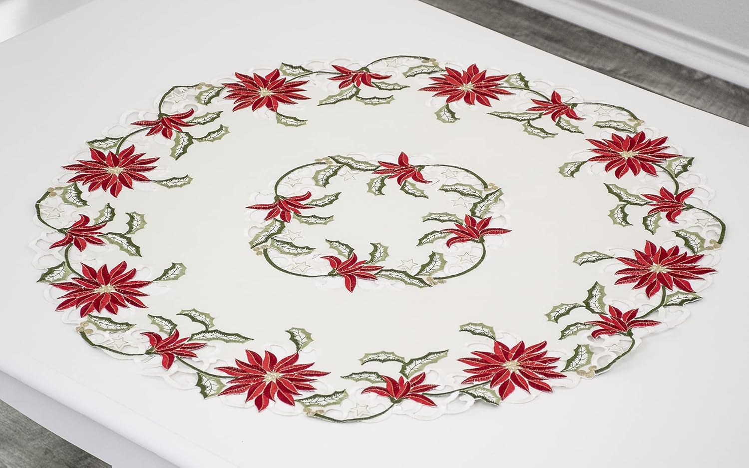 Linens, Art and Things Embroidered Christmas Holiday Poinsettia Large Doily, Small Table Topper, Small Tablecloth (34 Inch Round)