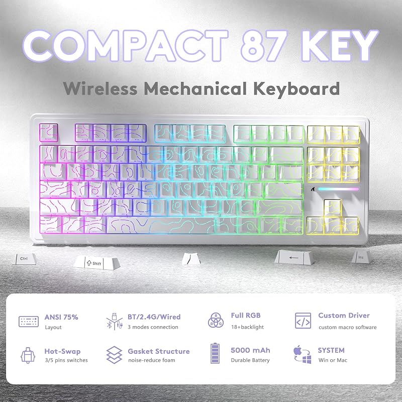 LexonElec x Attack Shark M87PRO 75% Vezeték Nélküli Gamer Billentyűzet, TKL Mechanikus, RGB Háttérvilágítás, Hot Swap, Fehér
