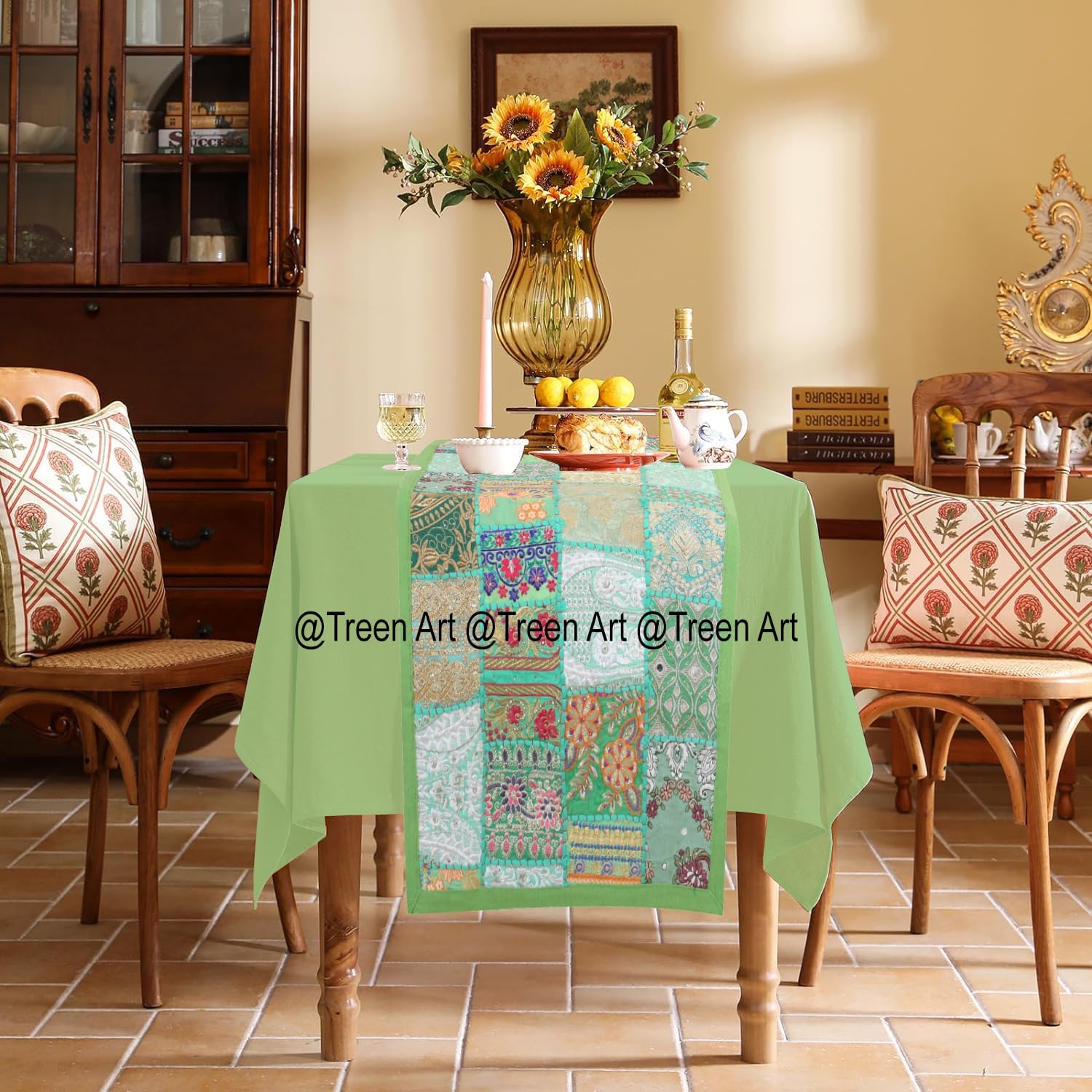 Treen Art New Linen Table Runner Ethnic 100% Cotton Embroidered Handcrafted Home Decor Long Patchwork Dining Table Cloth (Parrot Green, 12" W x 60" L)
