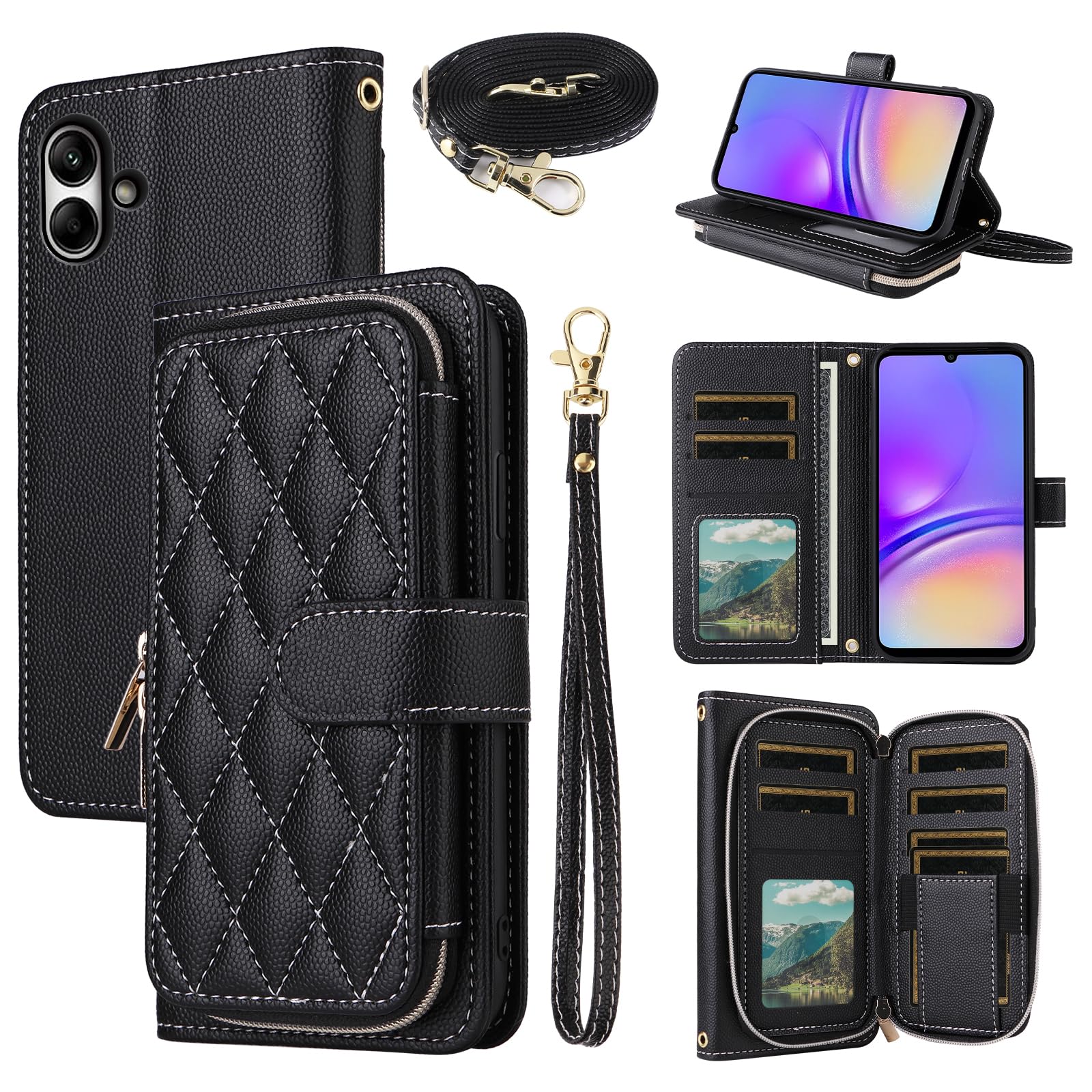 Dswteny Argyle Wallet Case for Samsung Galaxy A04 with Wrist Strap Shoulder Strap, Zipper Purse PU Leather Flip Credit Card Holder Stand Accessories