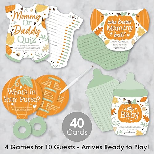 Miniatura 10 de Big Dot of Happiness Girl Little Pumpkin - 4 juegos de baby shower de otoño - 10 cartas cada uno - Quién sabe mejor a mami, cuestionario de mamá o