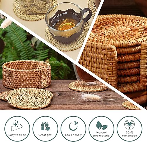 Miniatura 7 de Posavasos de ratán natural hechos a mano para bebidas, posavasos bohemios de mimbre, posavasos tejidos para bebidas, platillos reutilizables