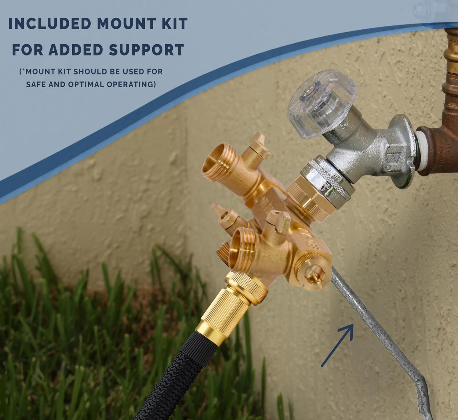 Morvat 4 Way Splitter with Rotating Arms, Heavy Duty Brass Garden Hose Manifold Connector with Comfort Rubber Grip ON/OFF, Adapter for Water Faucet Tap & Spigot, 8 Extra Washers & Teflon Tape