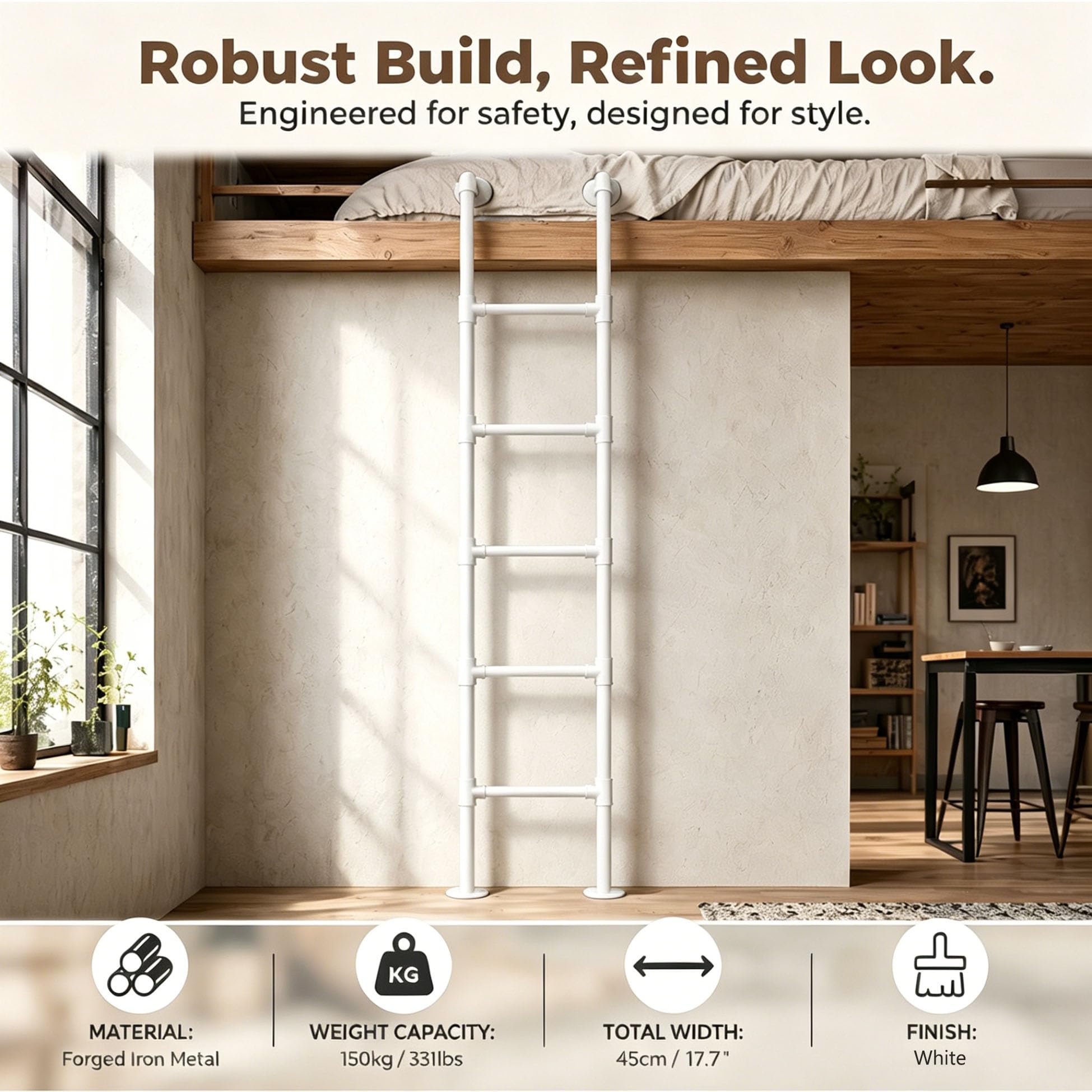 Escalera metálica Antideslizante Blanca de Hierro Forjado para Cama Alta Doble, 100-300 cm, Escalera de Emergencia para Subir a la Pared, para Camas Altas, terrazas, caravanas y Apartamentos