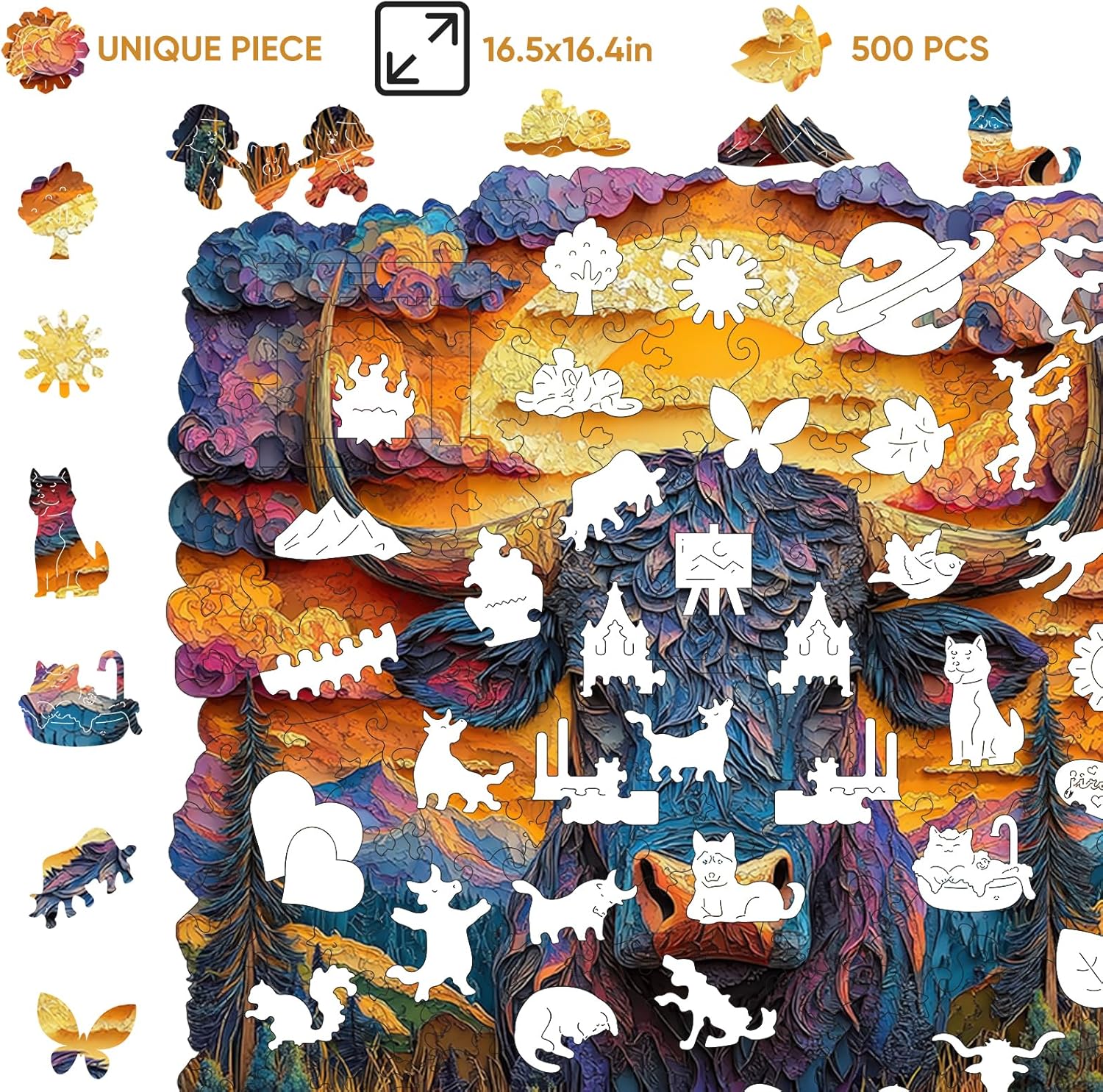 Jiroinlly Wooden Puzzles for Adults 500 Pieces, Golden Longhorn, Unique Shaped Jigsaw Puzzle, Relaxing Gift for Kids and Friends, Home Wall Decor, 16.4x16.5 in
