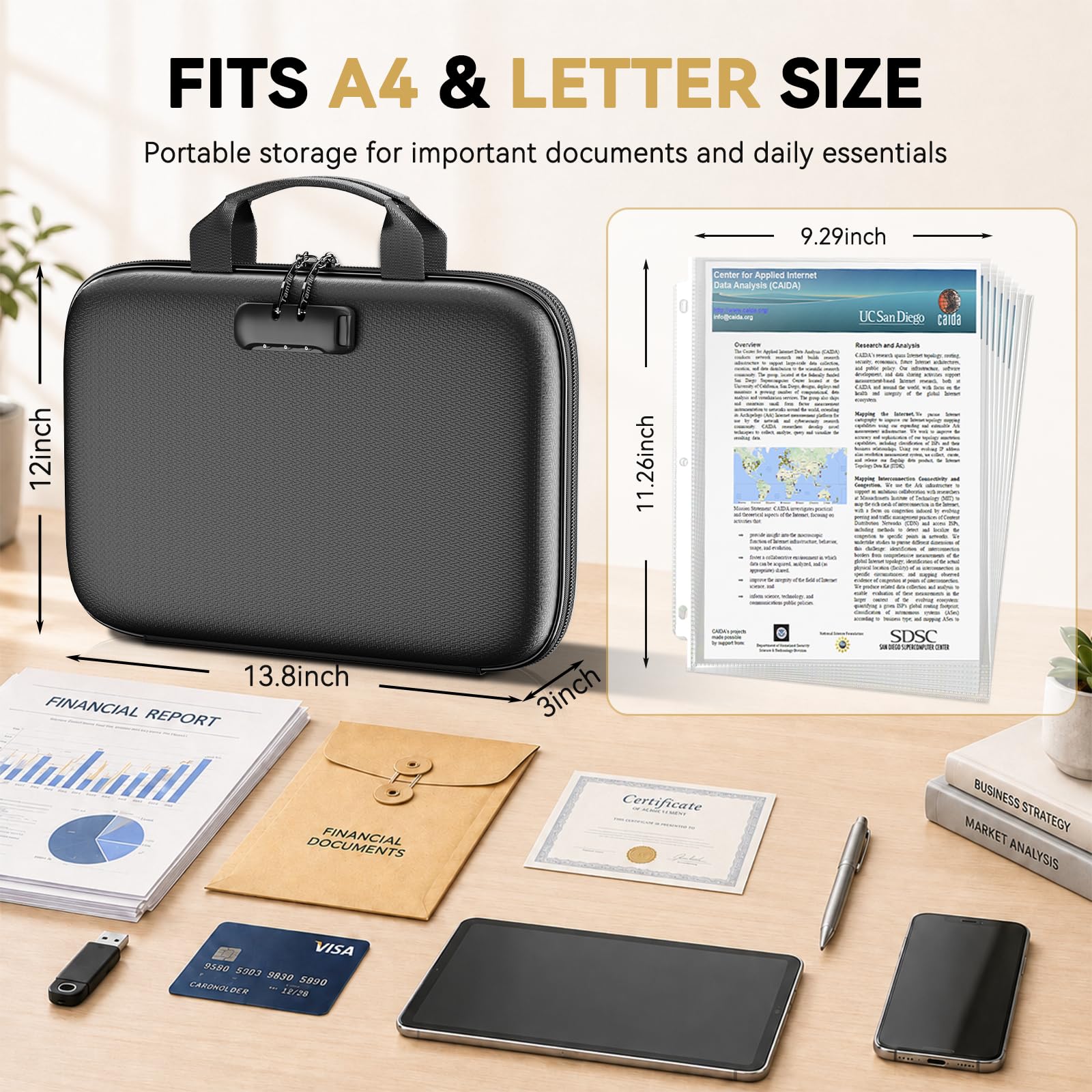 Tamfile Organizer ignifugo con raccoglitore ad anelli a D e 100 protezioni | Custodia rigida per documenti importante, con cerniera e serratura, protezione sicura per casa e ufficio, per formato lettera