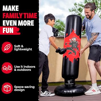 THB Inflatable Punching Bag for Kids, 63 Freestanding Ninja Boxing Bag Including Electric Air Pump with Gloves for Practicing Karate, Taekwondo, MMA