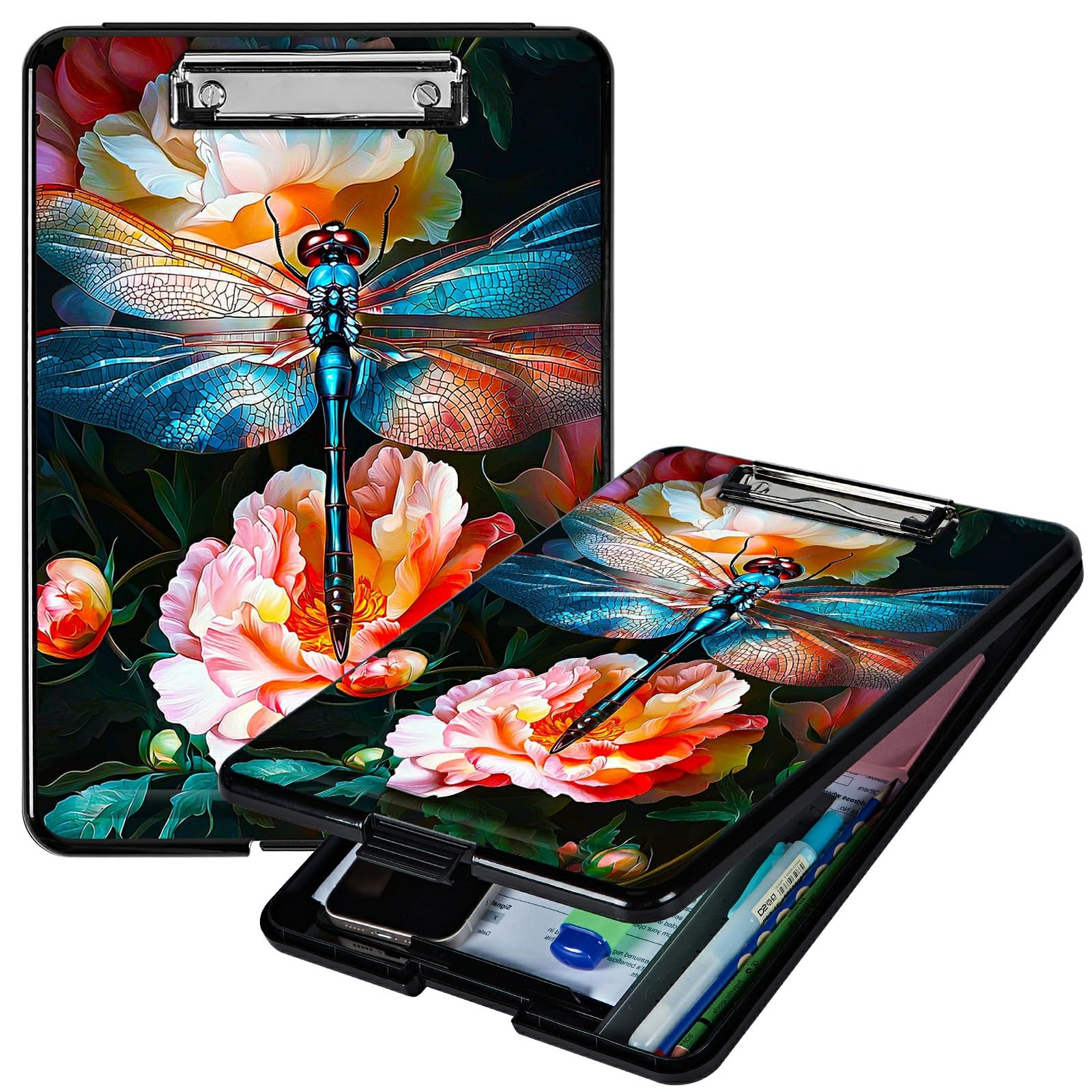 RWUTYTIUL Peony Dragonfly A4 Clipboard with Storage Pen Holder, Clipboards Organizer Nursing Clipboard Foldable File Folder Plastic Clipboard Folio Clip Board for Office Students Classroom Doctor — image 1
