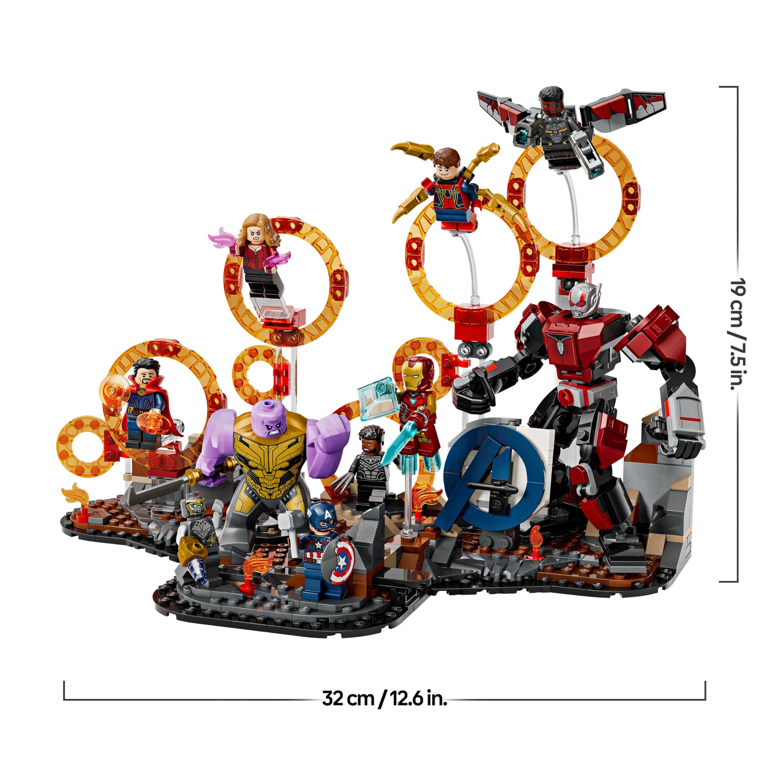 LEGO Marvel Batalla Final de Vengadores: Endgame, Juguete de Superhéroes, Figura de Thanos, Meca de Ant-Man y Minifiguras de Iron Man, Capitán América y Black Panther, Regalo para Niños y Niñas 76323
