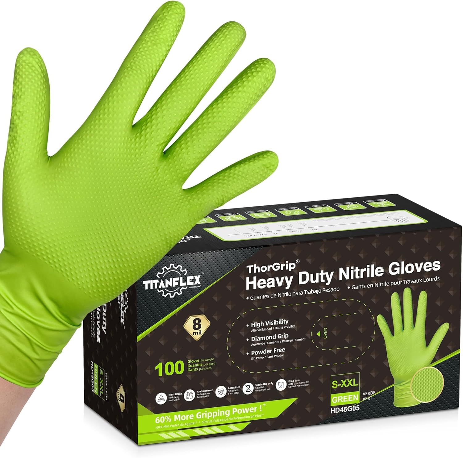 TitanFlex Heavy Duty Industrial Nitrile Gloves with Raised Diamond Texture, 8-mil, Latex Free (Green/Dark Green/Yellow)