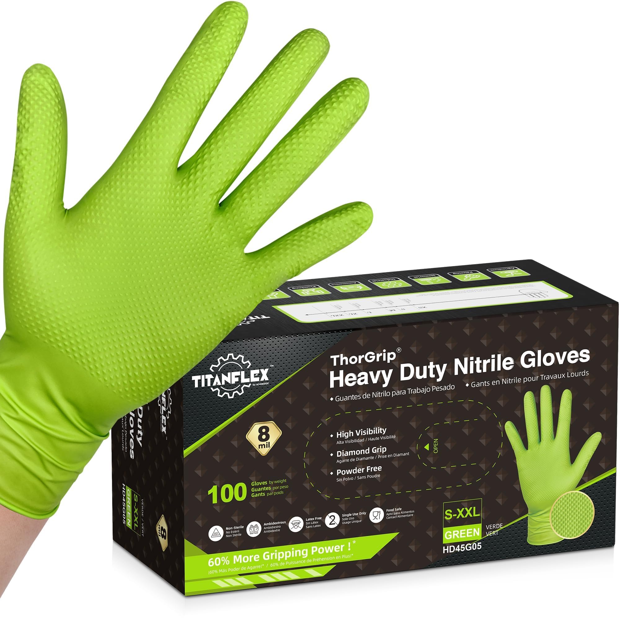 TITANflex Thor Grip Heavy Duty Green Industrial Nitrile Gloves, 8-mil, Medium, Box of 100, Gloves Disposable Latex Free with Raised Diamond Texture Grip, Powder Free, Rubber Gloves, Mechanic Gloves