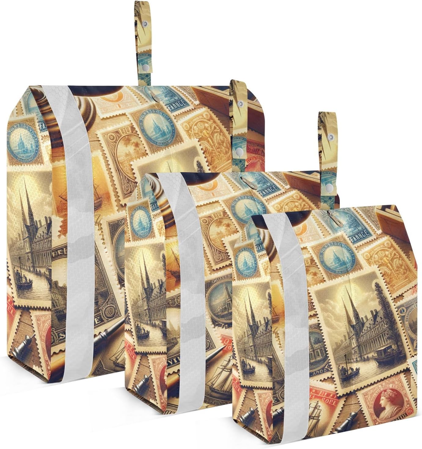 Vintage France Stamp Collection Travel Packing Organizers Collapsible Packing Cubes Shoe Bags with Sturdy Zipper