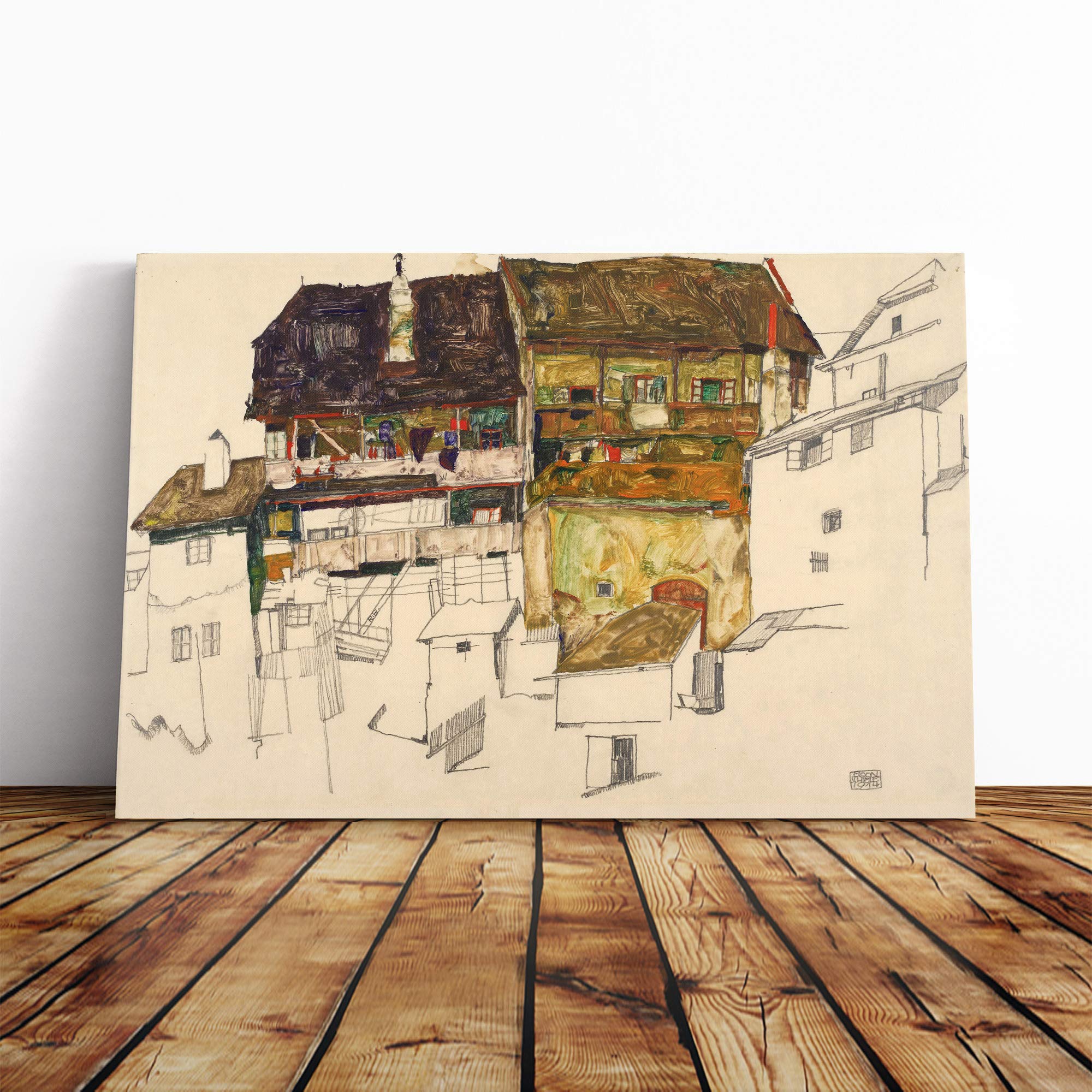 Egon Schiele Old Houses in Krumau Canvas Print | Gallery Wrapped 30mm Frame Wall Art | 20x14 inches | Ready to Hang | Modern Picture | Living Room Bedroom Lounge Office