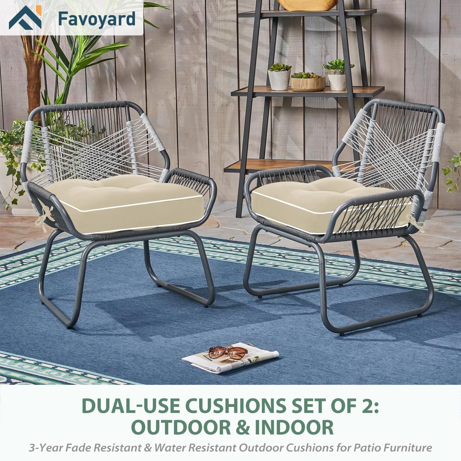 Favoyard Patio Chair Cushions 19 × 19 Inch Water Resistant & 3-Year Color Fastness Outdoor Chairs Cushion for Seat Dining Rocking Wicker Chair Cushion With Tie Straps Tufted Square Pads, Beige, 2 Pack