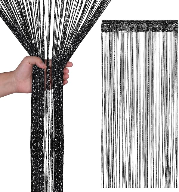 Trimming Shop Glitter String Curtains Fly Screen Room Divider Fringe Panel Spaghetti Tassel Curtain For Doorway, Windows, Doors, Home Décor, Event Decoration, 200cm x 90cm, Black