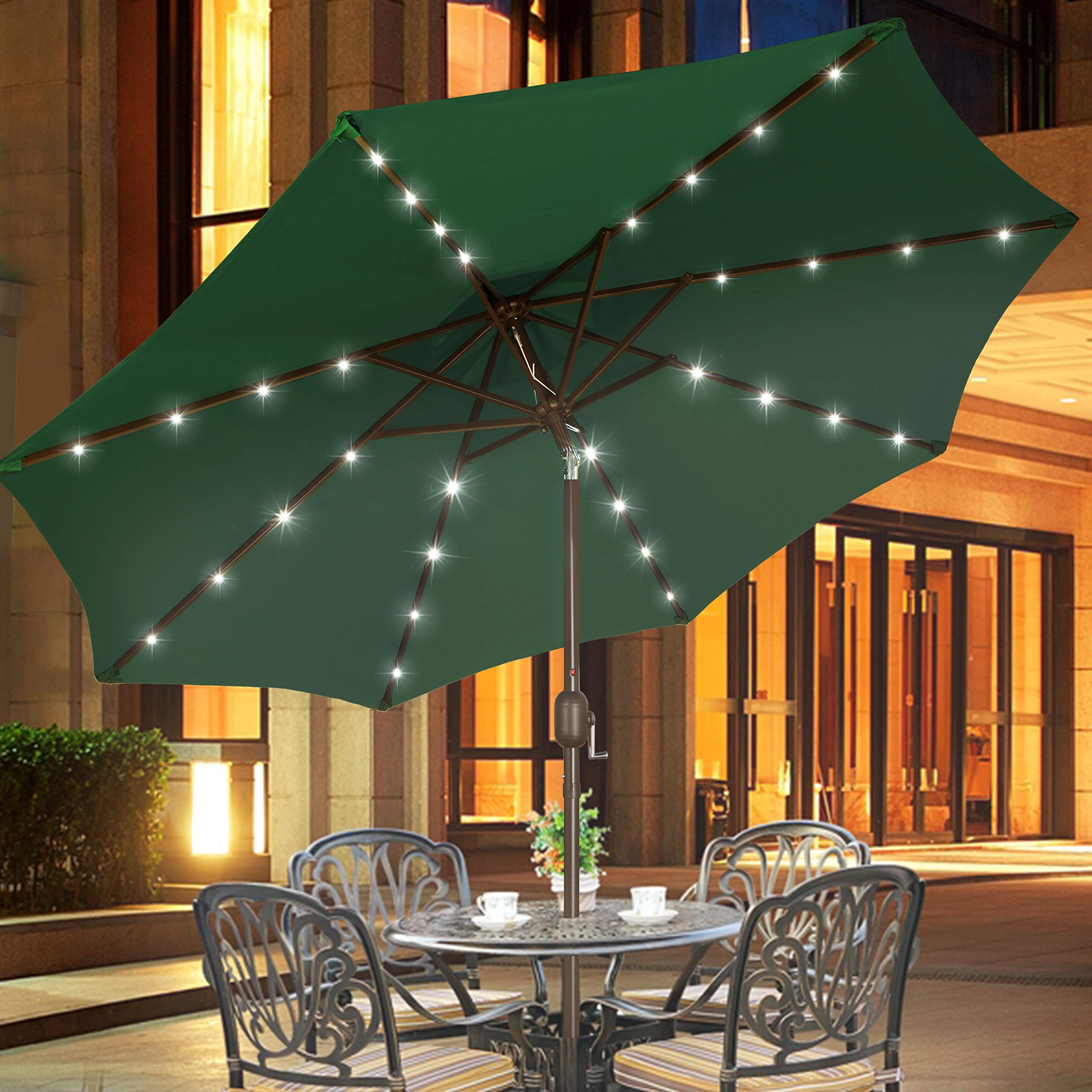 Blissun 9 ft Solar Umbrella, 32 LED Lighted Patio Umbrella, Table Market Umbrella, Outdoor Umbrella for Garden, Deck, Backyard, Pool and Beach (Dark Green)