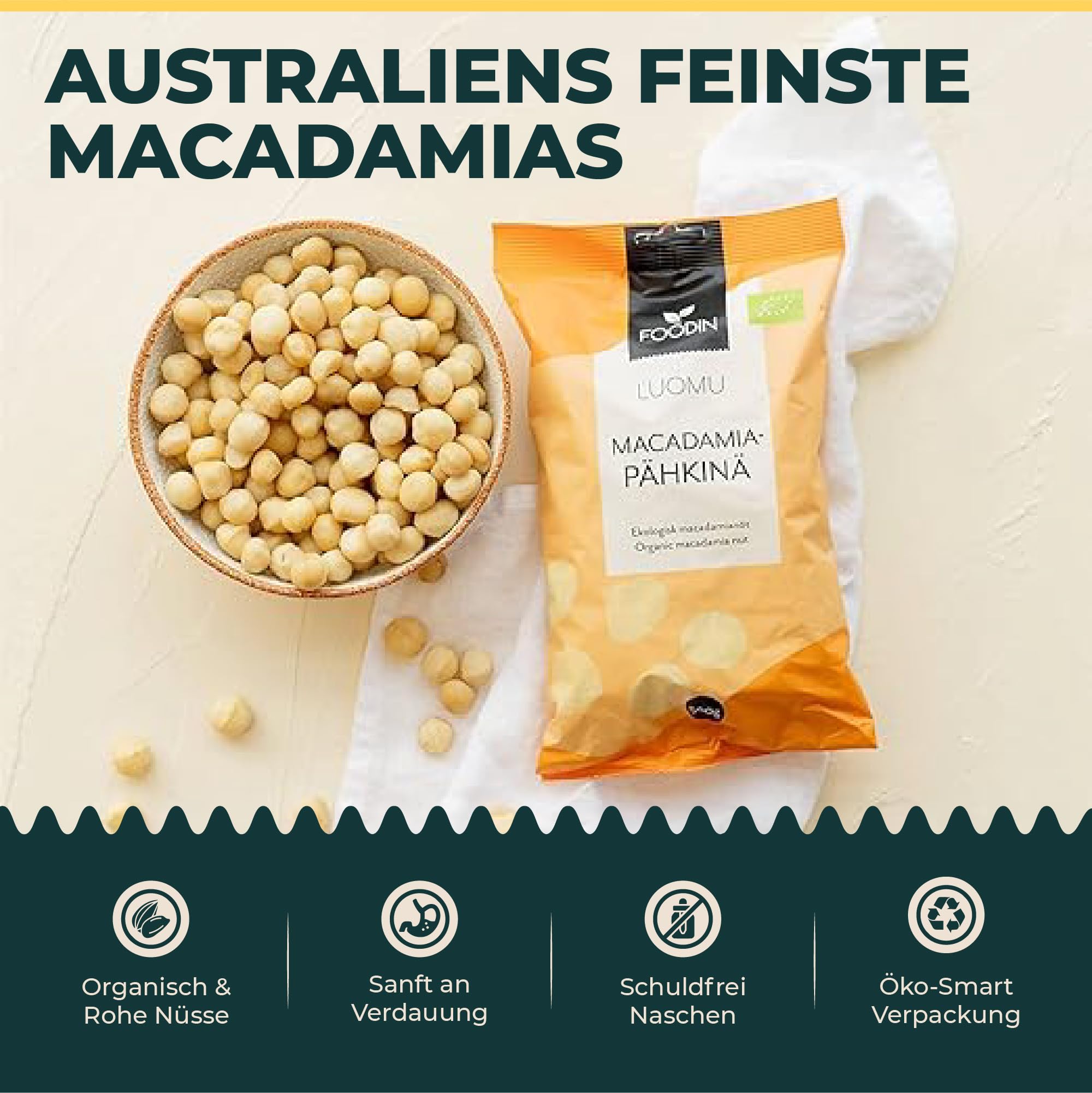 FOODIN Bio Macadamianüsse Whole 1kg, Macadamiakerne, Rohkost, Glutenfrei & Vegan (2 x 500g)