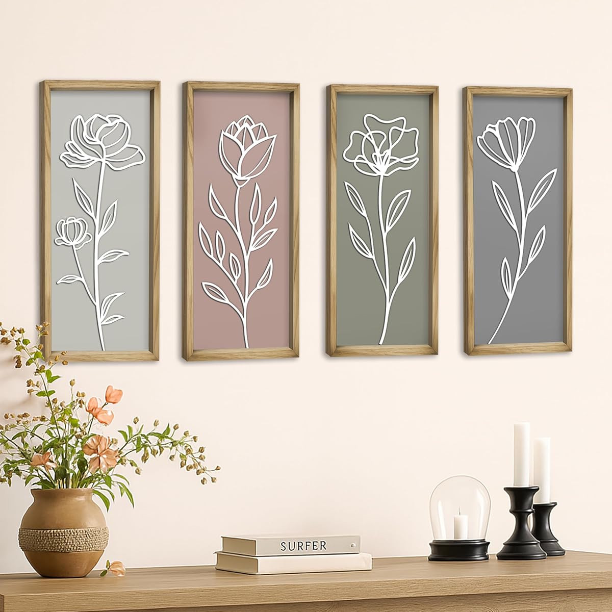 Decoración de pared de baño floral de madera 3D, juego de 4 arte de pared enmarcado | Para sala de estar, dormitorio, comedor, oficina y cocina: colgante de pared botánico bohemio, decoración y regalo modernos para el hogar de una granja
