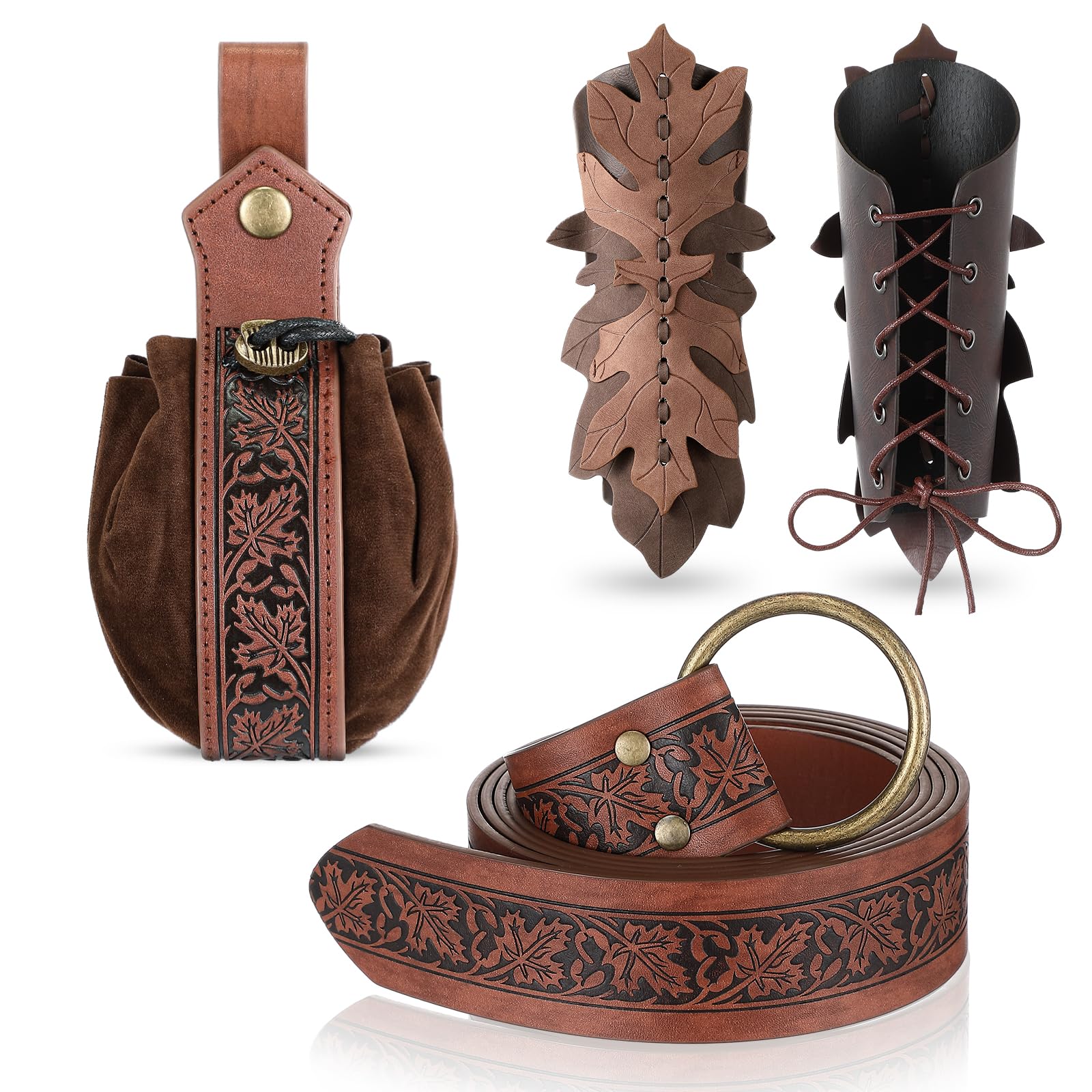 LEIFIDE Medieval Viking Belt Faux Leather Arm Guard Renaissance Accessories Viking Leather Bracers Medieval Bag, brown, 64.96 x 1.38 inches/ 165 x 3.5 cm, Leaf Style