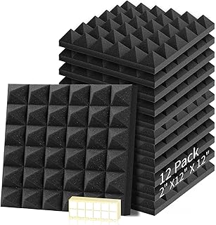 12pack Acoustic Sound Proof Foam Panels - 12” x 12” x 2” Sound Absorbing foam Damping Acoustic Foam for Podcast Recording Studio Soundproof Wall Panels Reduce Reverb Echo Tiles for Home Office Ceilings Pyramid Includes double-sided adhesive black