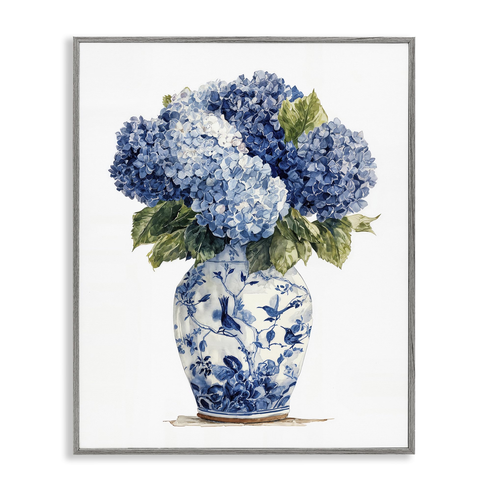 Stupell Industries Farmhouse Gray (Textured) Blue Hydrangeas Porcelain Floral Bird, 16 X 20 Inch Framed Giclée Print