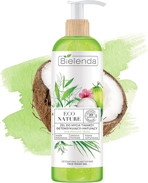 Bielenda Eco Nature - Woda Kokosowa + Zielona Herbata + Trawa Cytrynowa - Żel Do Mycia Twarzy Detoksykująco-Matujący, 200 G