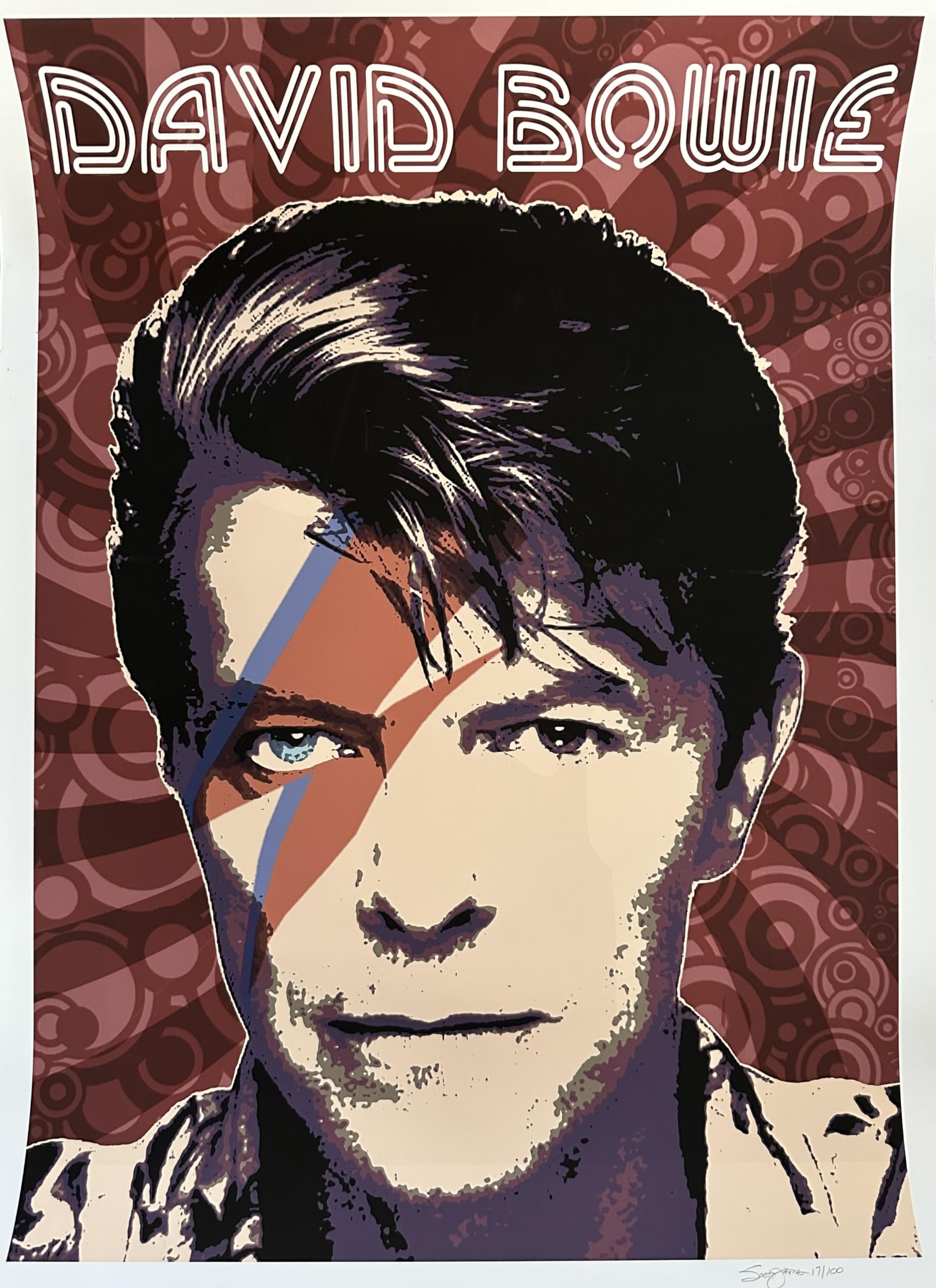 Affiche David Bowie envoi roulé sans pli signée Scott James numérotée 45x60