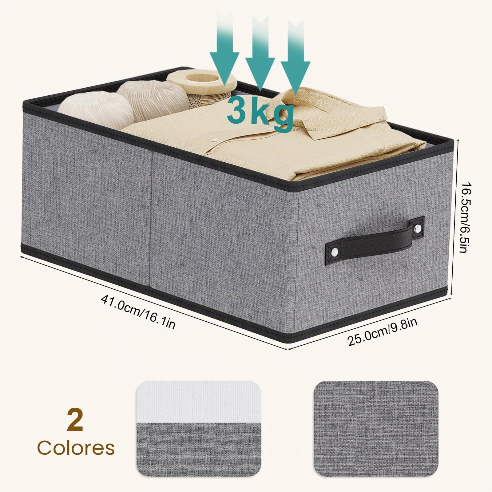 Caja de Almacenamiento Grande, Cajas Almacenaje Decorativas de Tela, Cestas Organizadoras con Asas para Dormitorio, Sala de Estar, Paquete de 4, Gris，41×25×16.5cm