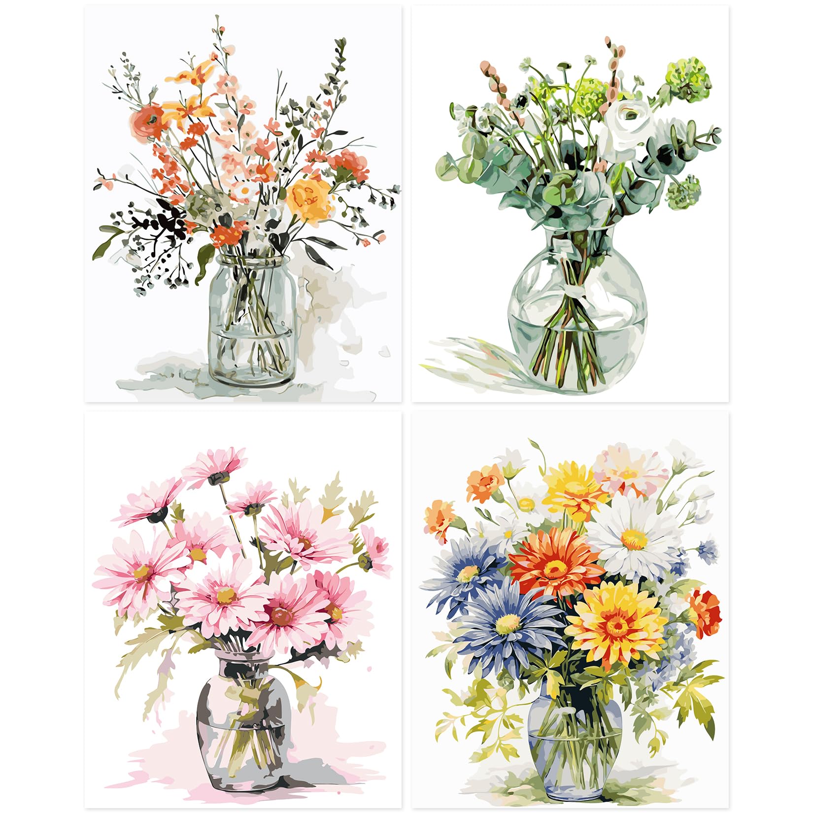 TARATH Pintura por números flor, kit de lienzo pintado a mano, 4 paquete pintura al óleo para principiantes, pintura por números para decoración del hogar, sin marco (40 x 50 cm)