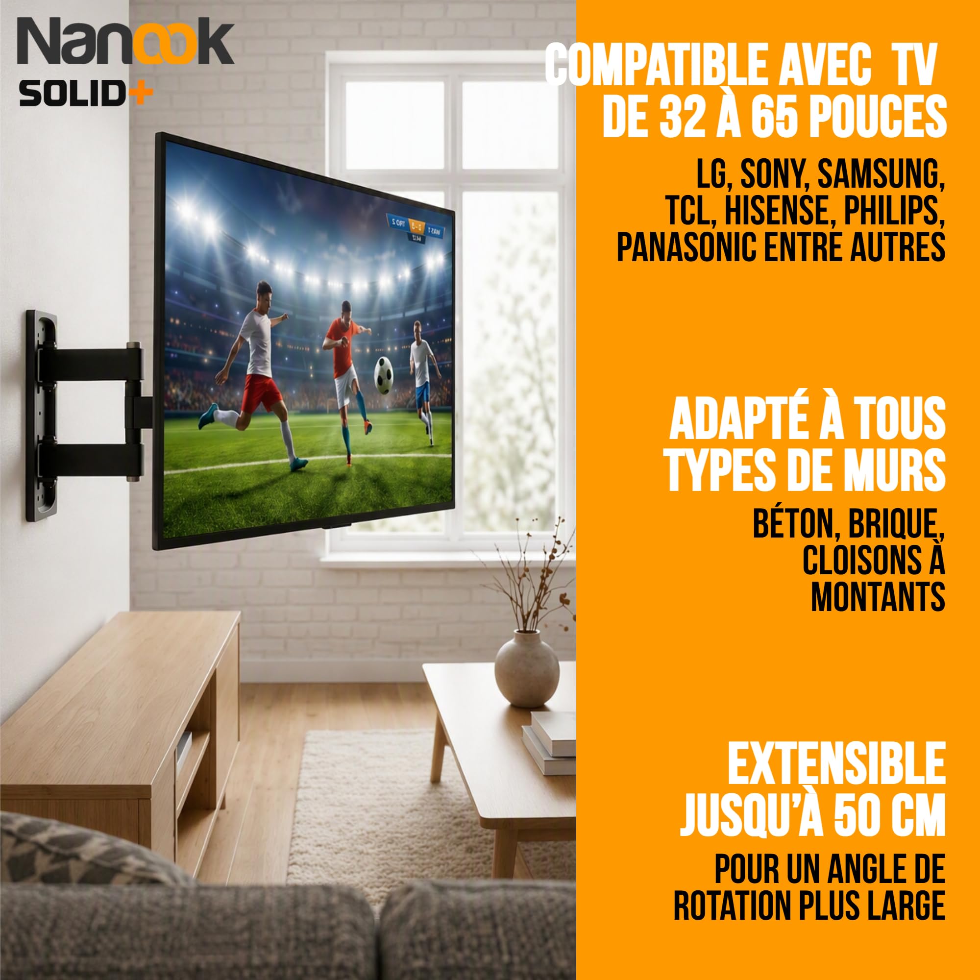Nanook Solid+ Support Mural TV Pivotant Inclinable pour 32-65 Pouces