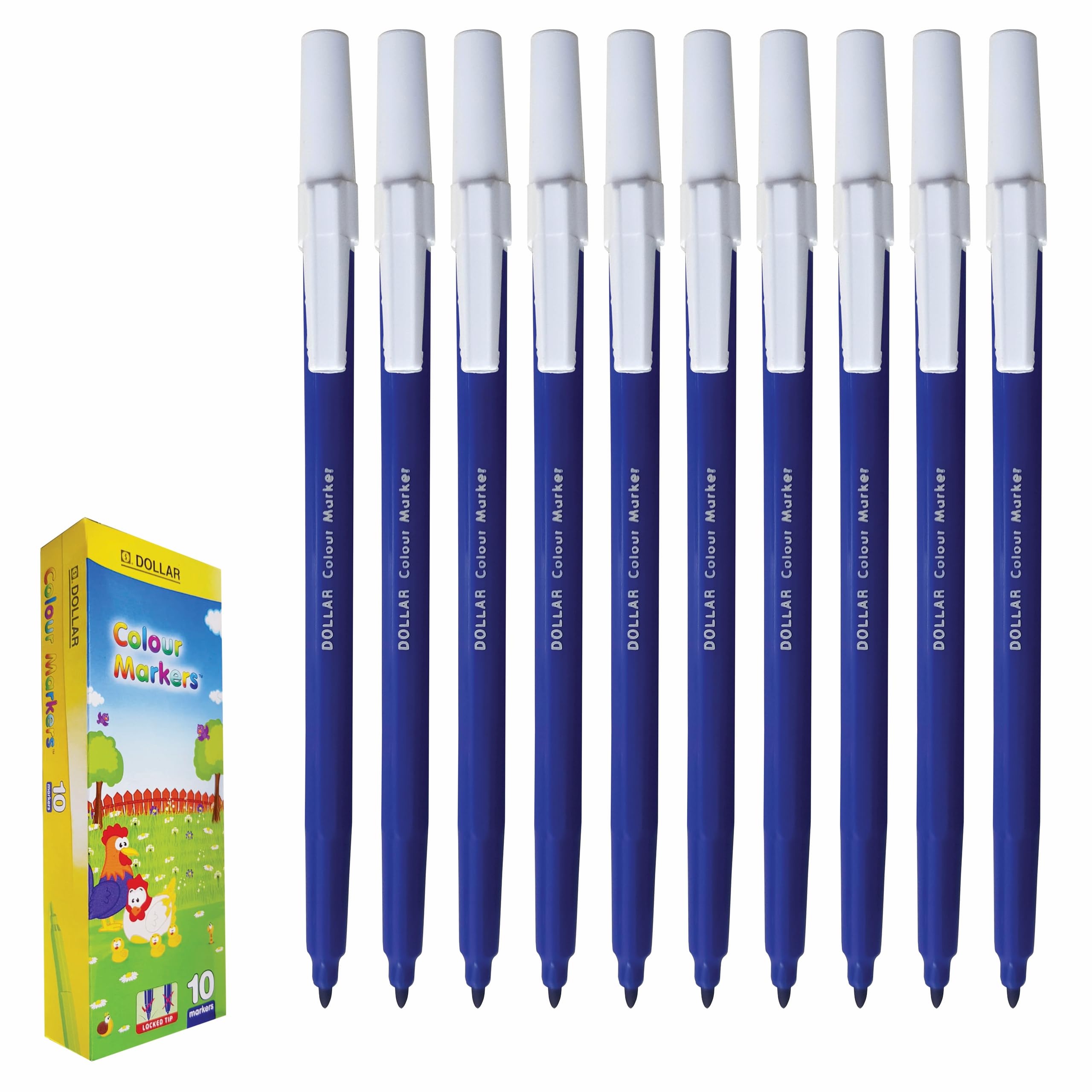 DOLLAR ColourMarkers Felt Tip Colouring Pens, BLUE, Fine Point, Pack of 10, Draw Colour Mark Sketch Write Shade Underline, School Office Home Everyday Use