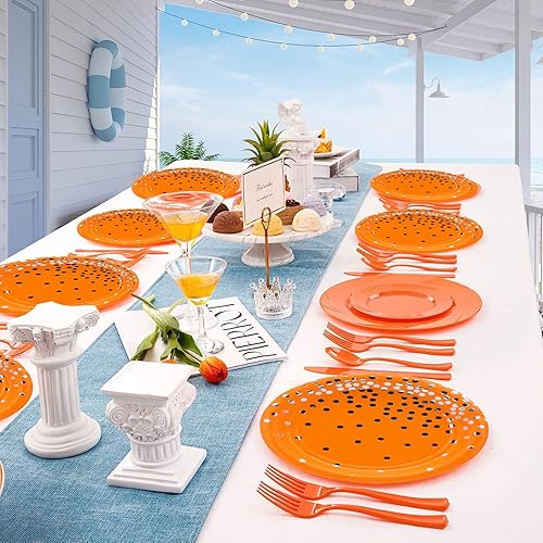 Miniatura 4 de 50 piezas de suministros de fiesta naranjas, juego de vajilla de fiesta de lunares naranja de 79 pulgadas, platos desechables para cumpleaños, boda,