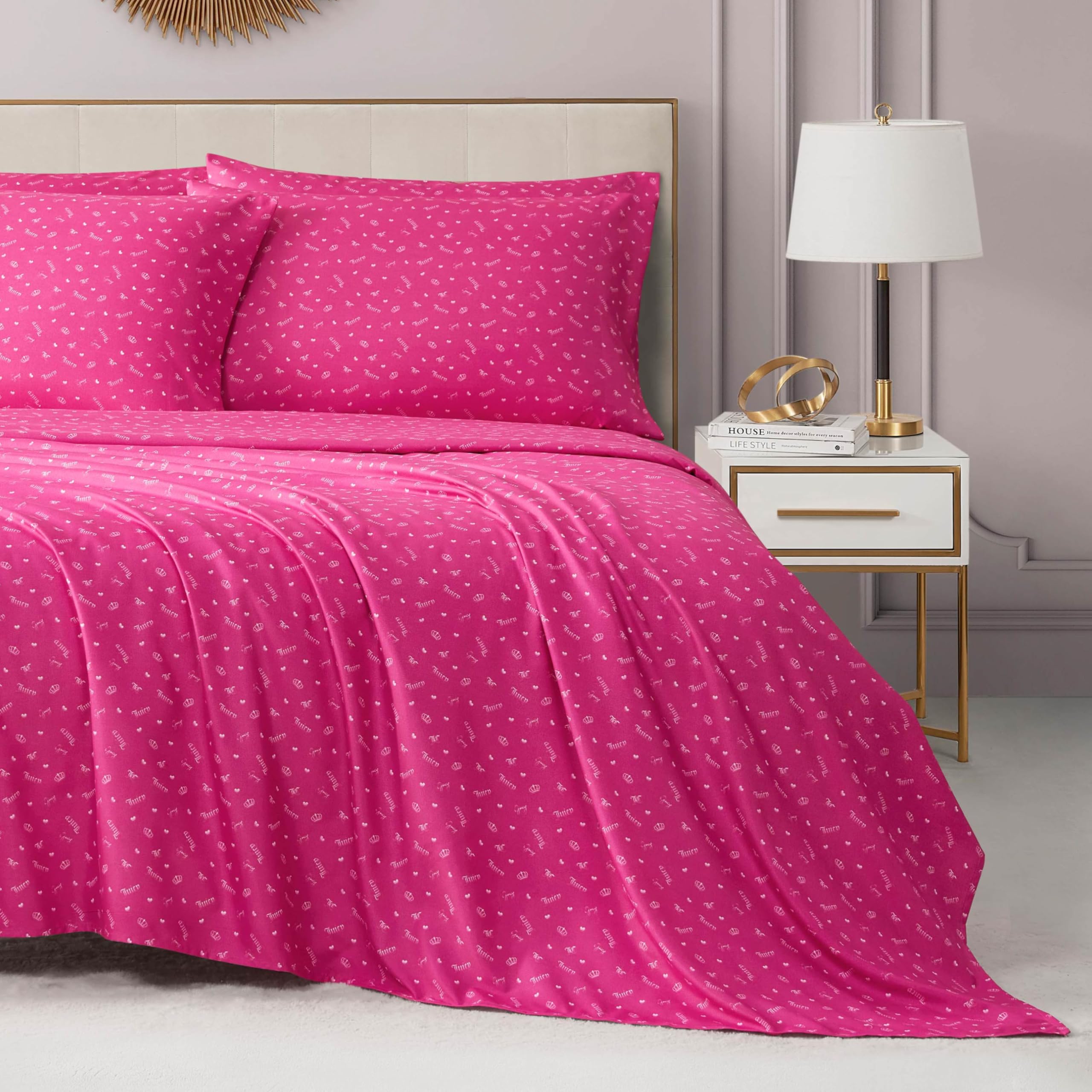 Juicy Couture Printed Microfiber 4-Piece Twin Sheet Set, Ombre Logo Toss Hot Pink