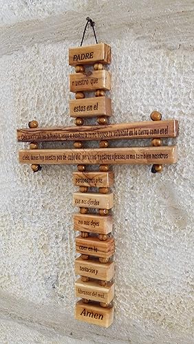 Miniatura 2 de Cruz grande de madera de olivo (9.0in) con oración del Señor (Oración de nuestro Padre) en español (Español) hecha a mano en Belén Tierra Santa
