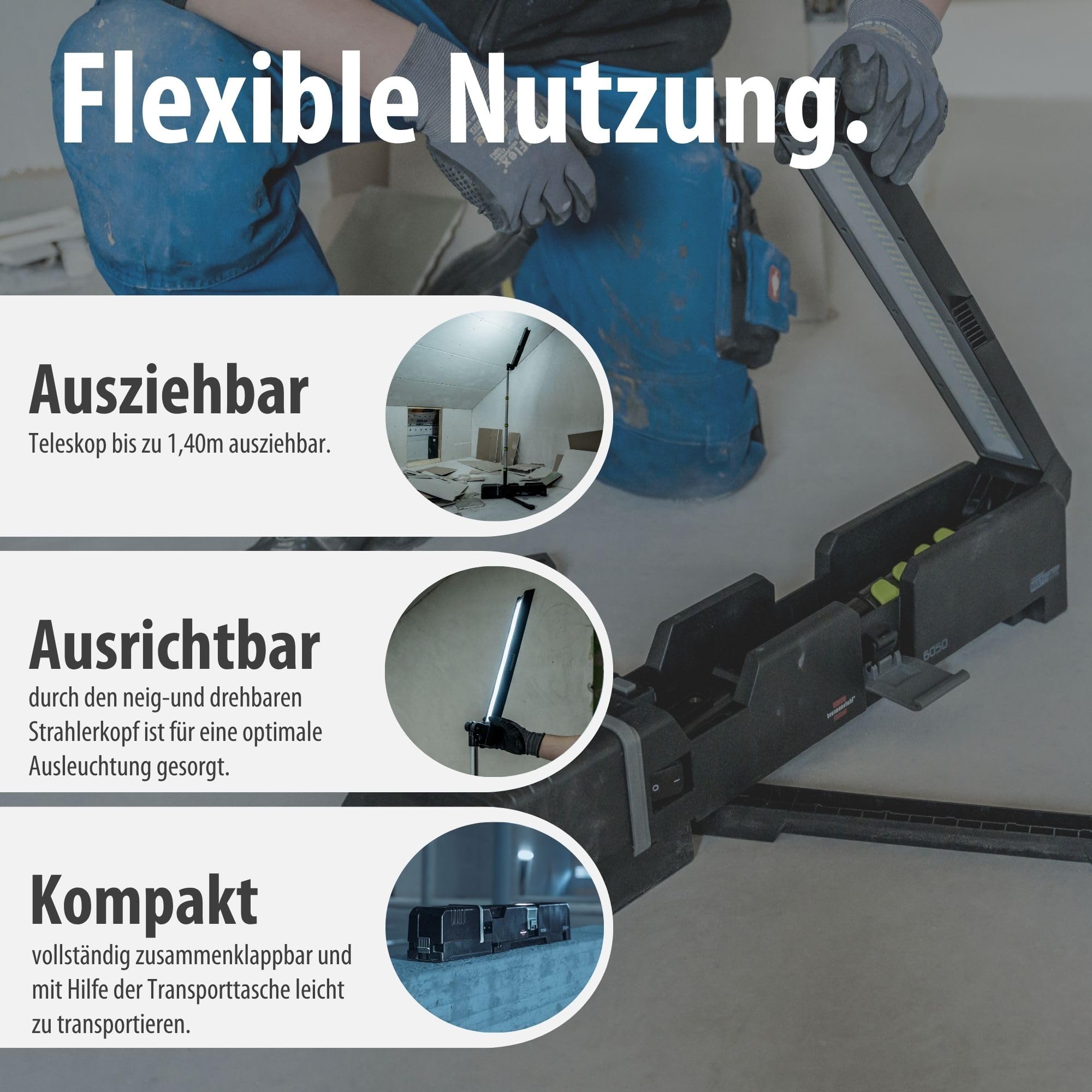 Brennenstuhl Multi Battery LED Akku Teleskop Arbeitsstrahler 6050 MA (7700lm, IP54, Höhenverstellbar Bis 140cm, Kompatibel Mit 18V Akkus 10 Verschiedener Hersteller, Ohne Akku, Engineered In Germany)