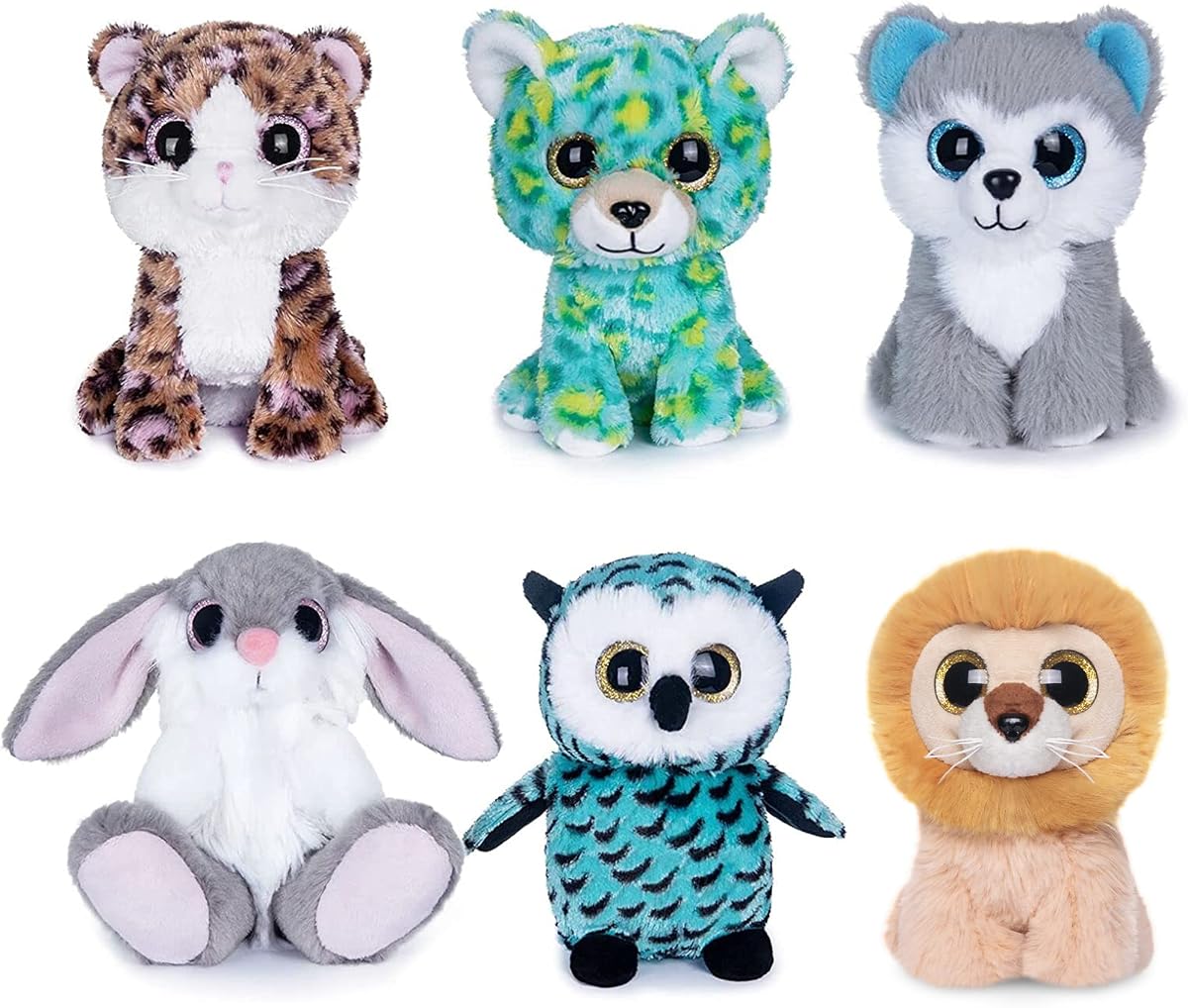My OLi Animales de peluche a granel de 5 pulgadas, león/conejo/leopardo/gato/perro husky/búho | Paquete de 6 juguetes de peluche, animales de peluche, juguetes de animales lindos, regalos para bebés, niños, niñas y niños