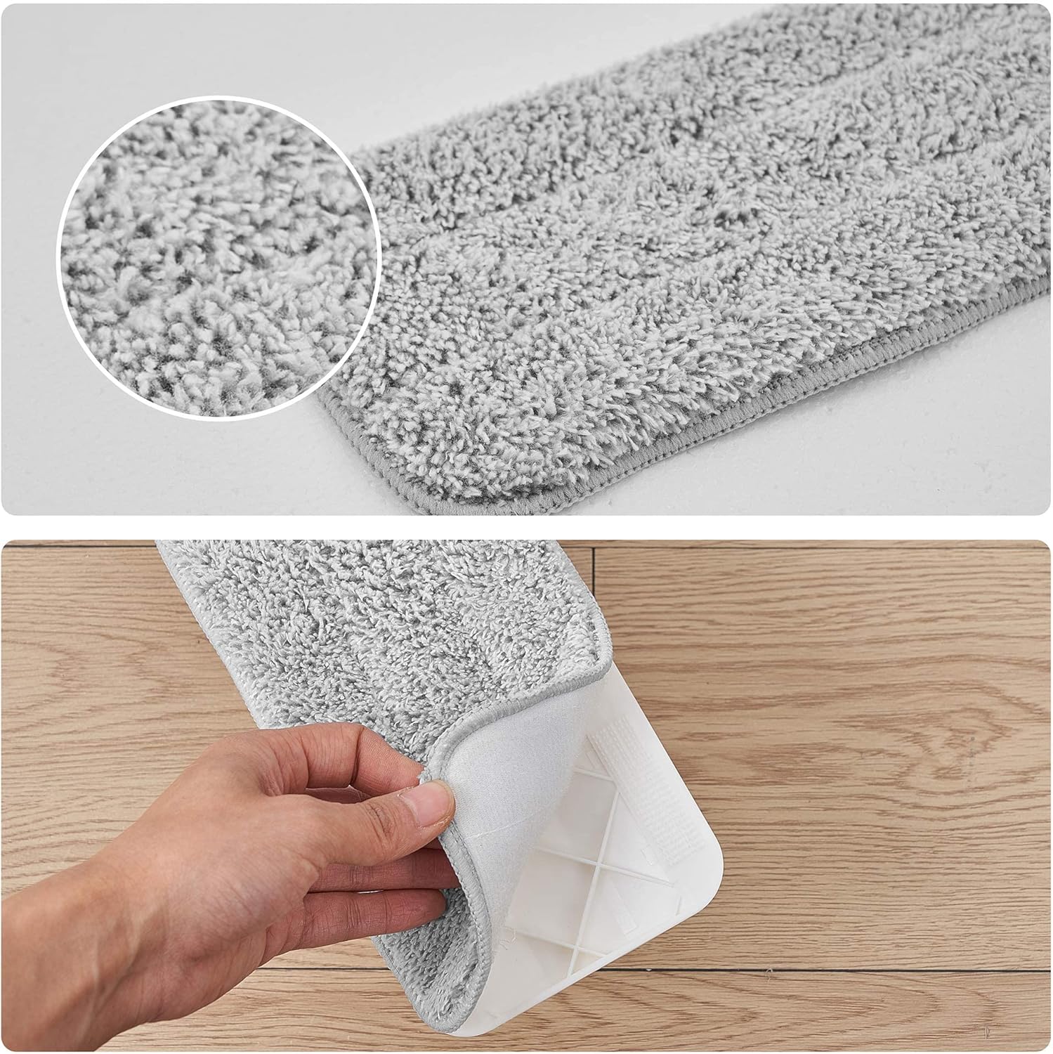 Hand attaching a microfiber mop pad to a mop head, showing the Velcro mechanism