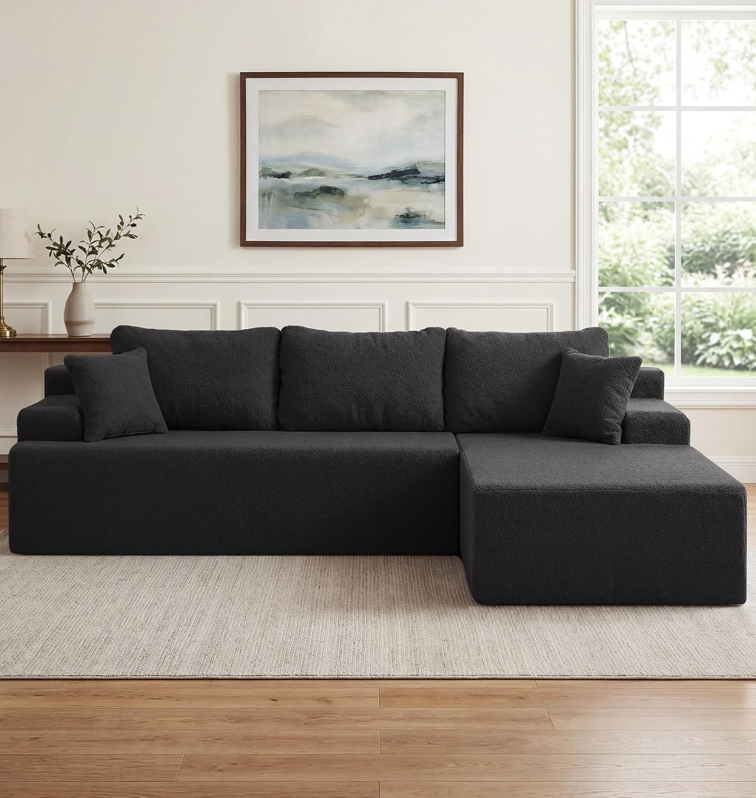 Hobestluk Modular Sectional Sofa Couches L-Shape Couch 3 Seat Modular Sofa Memory Foam Sectional Couches for Living Room, Cloud Couch with Oversized Chaise (Black Smooth, 96", Right Hand Facing)