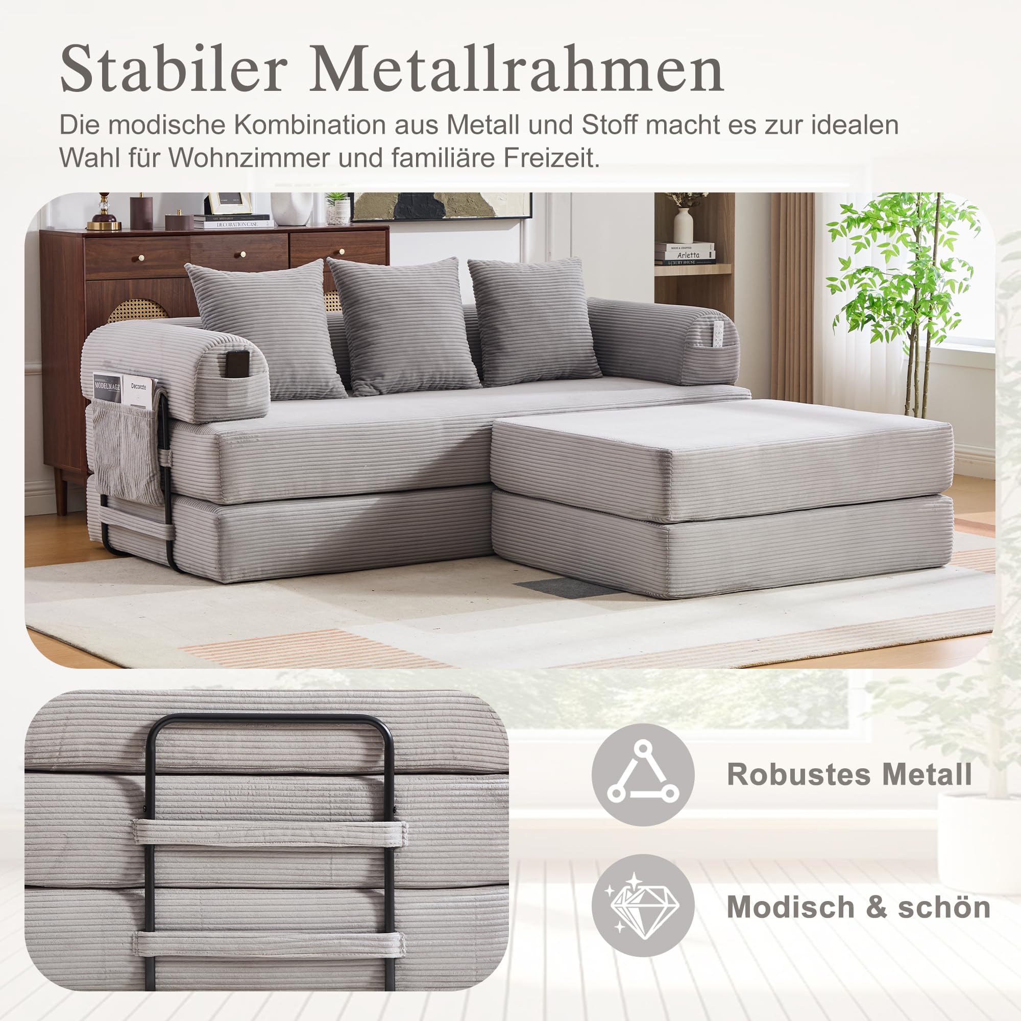 Sofá cama de compresión, 285 x 200 cm, gris claro, taburete modular