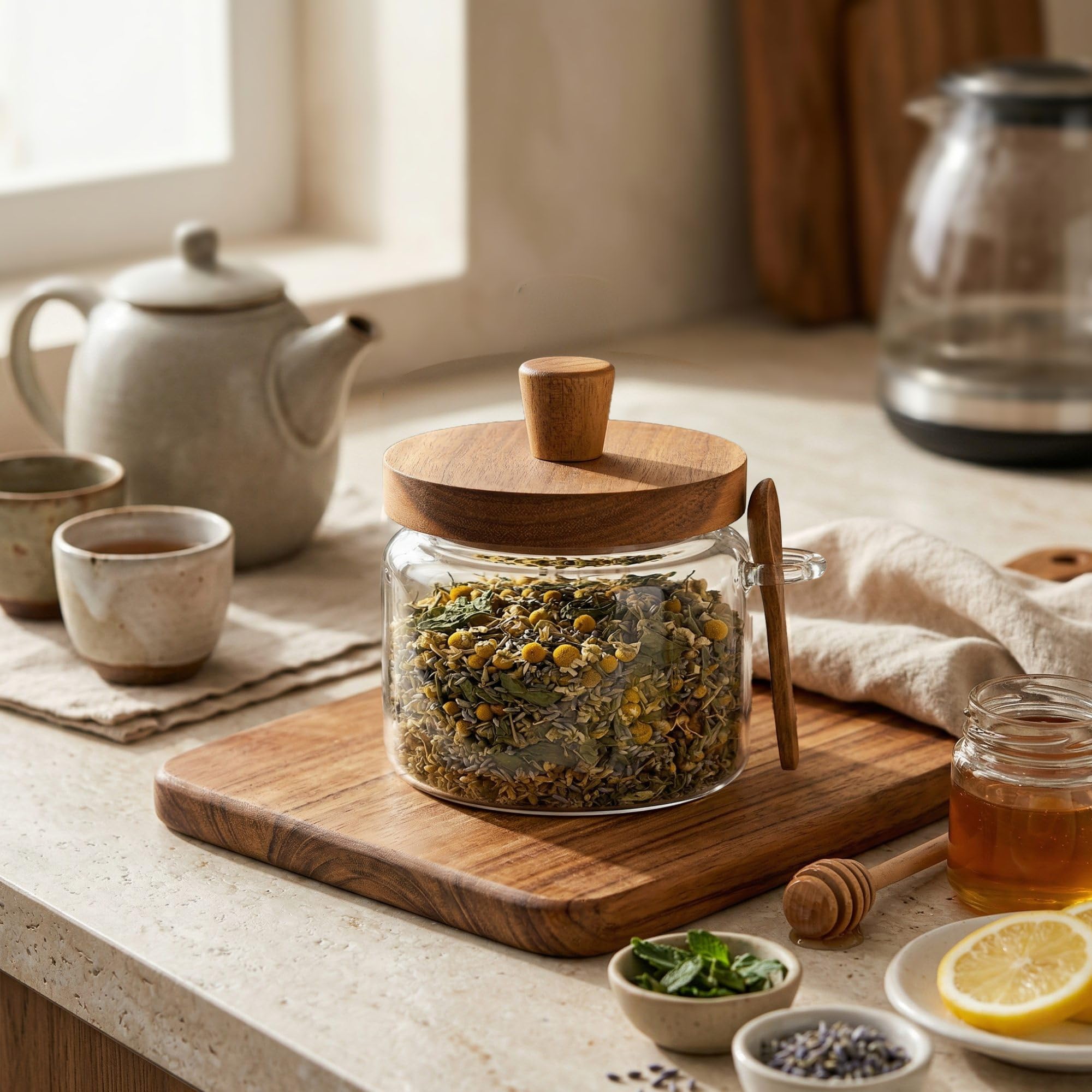 Restaurantware Vetri - Tarro de almacenamiento de vidrio de 17 onzas, con tapa de acacia, 3 1/4 pulgadas x 3 1/4 pulgadas x 5 pulgadas, 1 caja