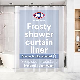 Clorox Shower Curtain Liner & Hooks, Premium Lightweight Flexible Waterproof 4g PEVA for Bathroom with Weighted Magnets, Standard Size 70" x 72", Frosty 1 Pack